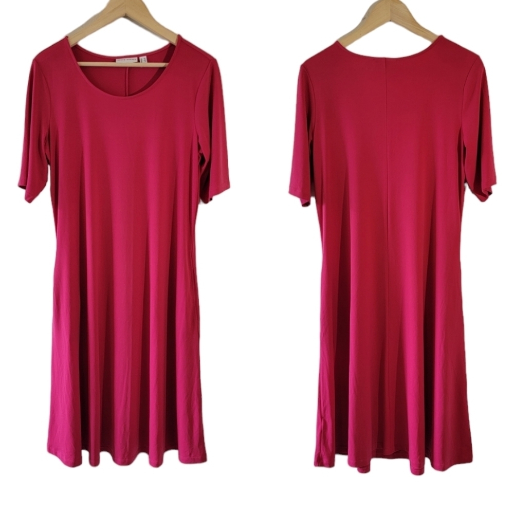SUSAN GRAVER Red averse Knit Midi Dress Sz MT Short Sleeve Crewneck Pocket